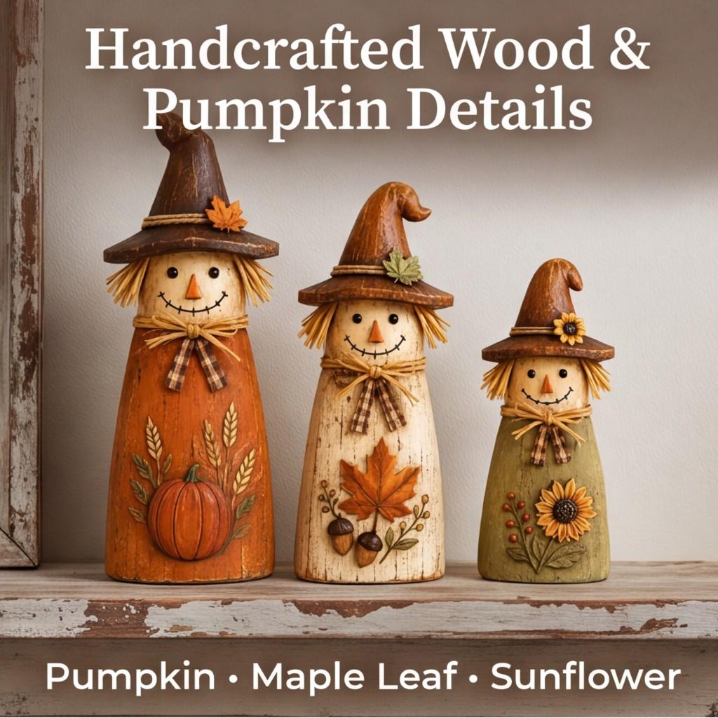 Vintage Wooden Scarecrow Figurine Set of 3 Rustic Harvest Fall Decor with Pumpkin Flower Accents Primitive Halloween Tabletop Statue