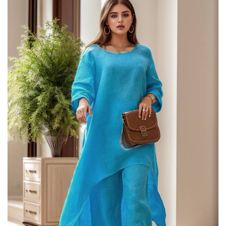 Женский летний офисный костюм, удобный свободный, круглый вырез, длинный рукав + длинные брюки, комплект из двух предметов