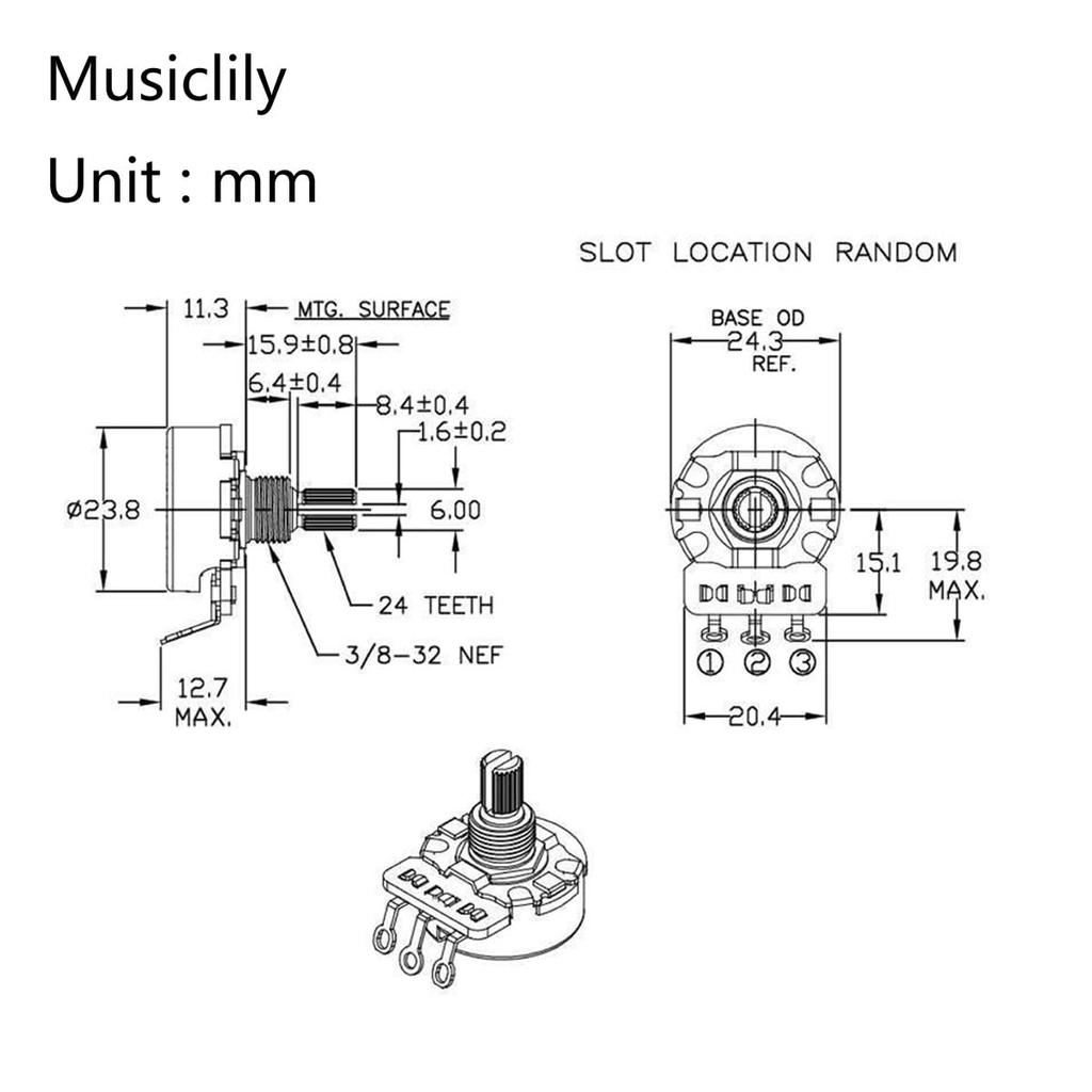 CTS 450G B250K Brass Short Split Shaft Potentiometer for Electric Guitar and Bass of 1/4" 10% B-Curve (Set 4)