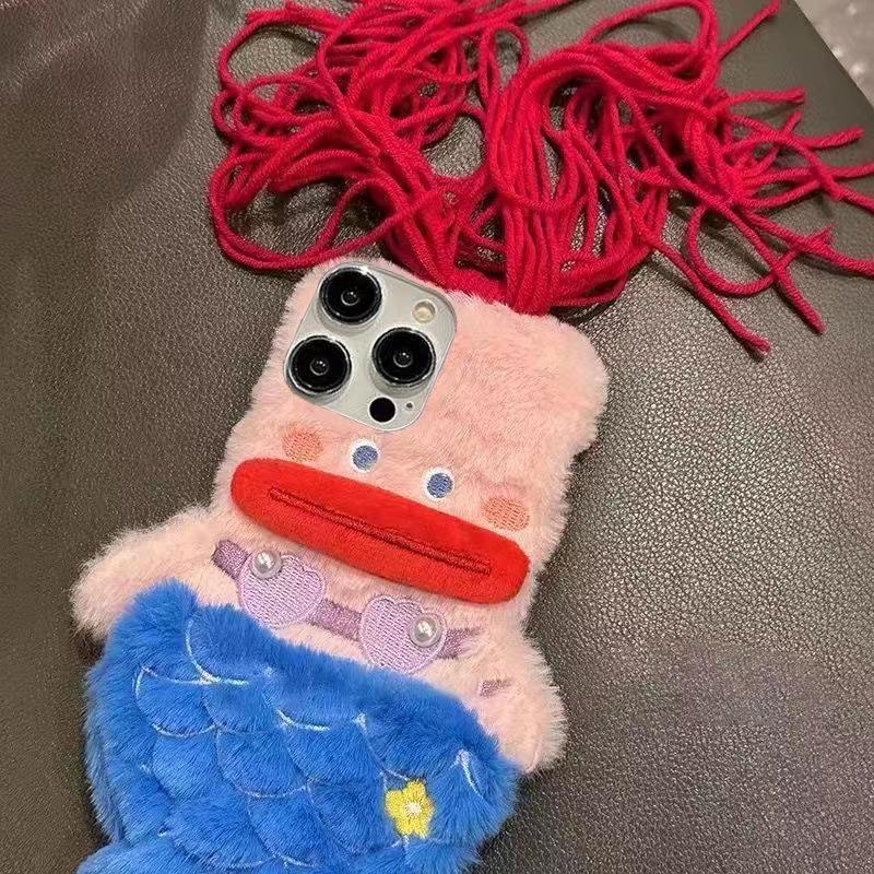 Плюшевый чехол-ракушка с русалкой для iPhone 11, 12, 13, 14, 15, 16 - Милый мультяшный дизайн для женщин