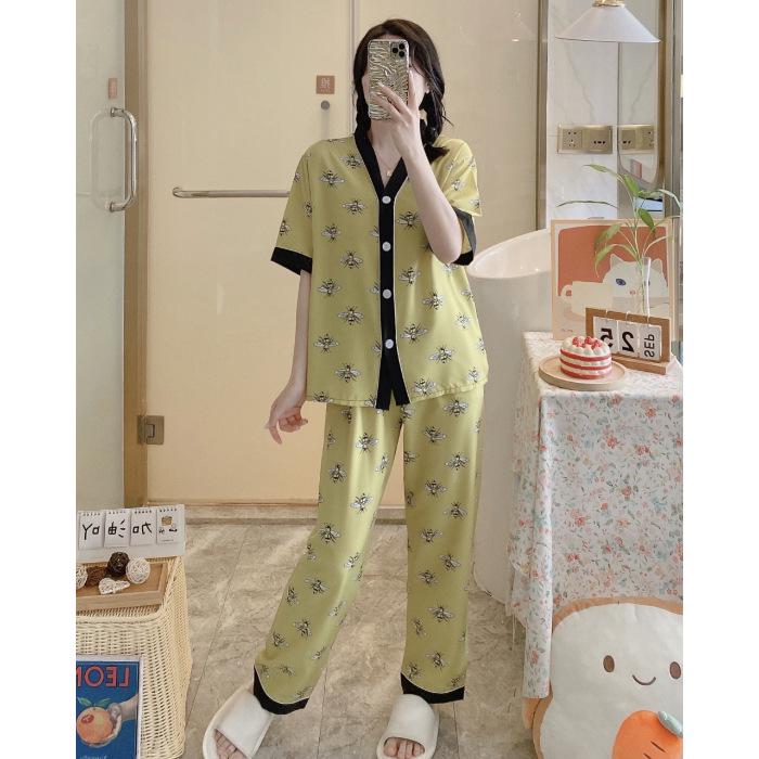 «Женский пижамный комплект с V-образным вырезом и короткими рукавами — хлопок, одежда для дома и отдыха»