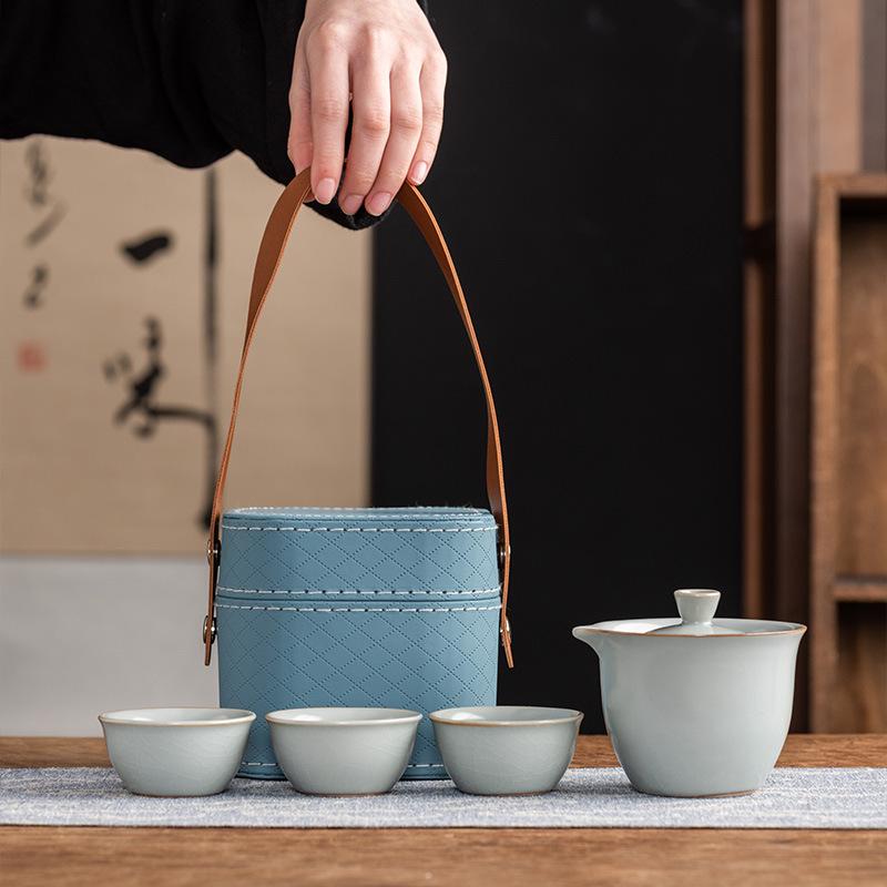 Celadon Ge Kiln Opening Film Can Raise Outdoor Portable Travel Tea Set, One Pot of Three Cups of Kuaike Tea Cup Gifts