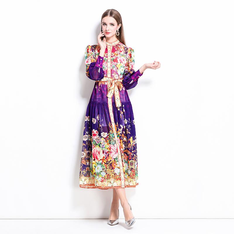 Весна-лето Женские платья с рукавами-фонариками и винтажным принтом из шифона большого размера, свободные, длинные, макси, для отдыха на пляже