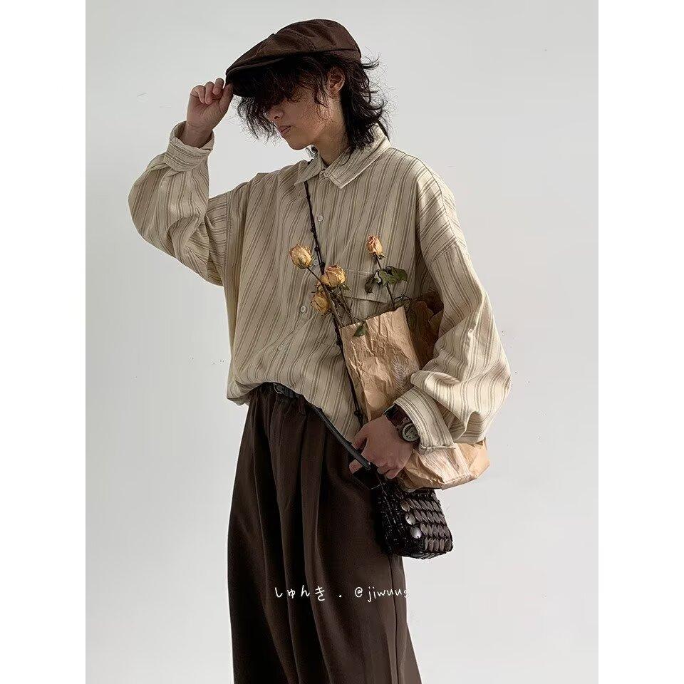 2024 Полосатая рубашка с длинным рукавом в японском стиле Гонконга Ins Свободная рубашка для мальчиков Летнее модное универсальное повседневное пальто