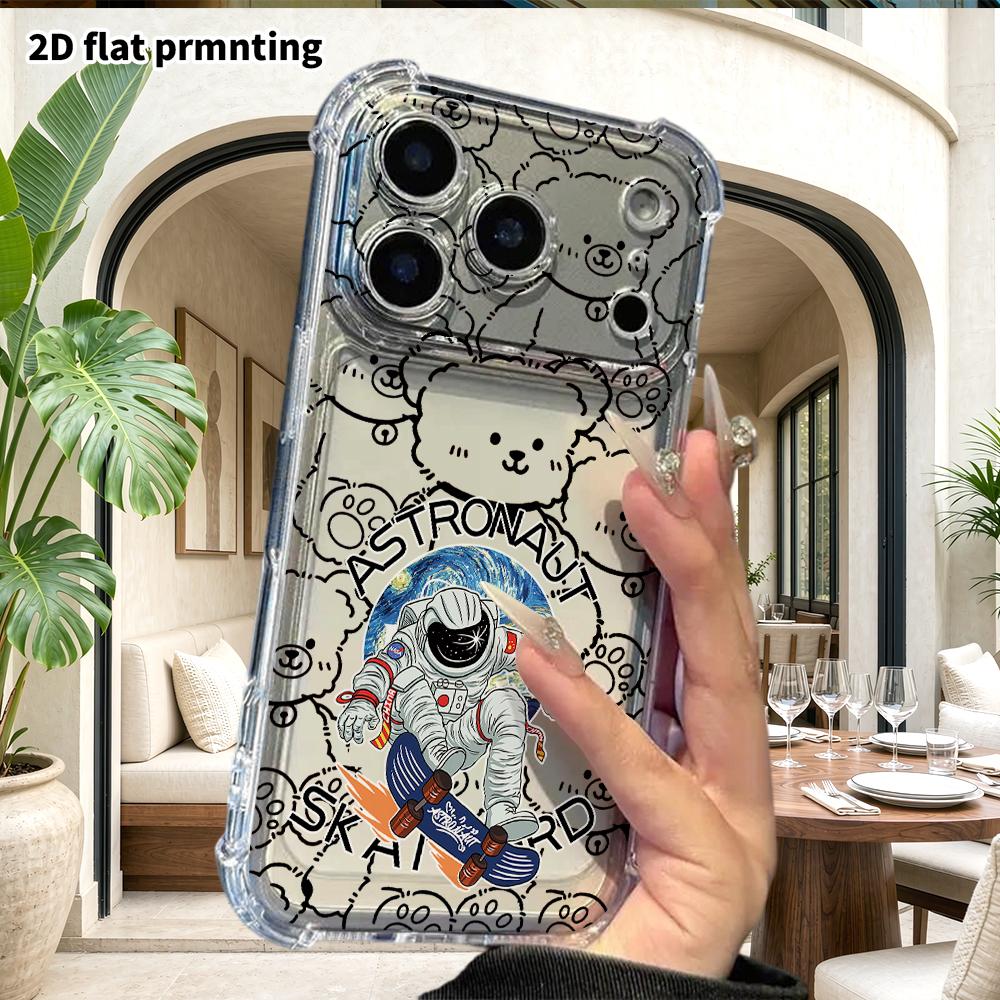 Чехол для телефона: 2D плоский, подходит для iPhone 18 17 16 15 14 13 Pro, прозрачная защита четырех углов, астронавт на скейтборде, подарок на Рождество и Хэллоуин