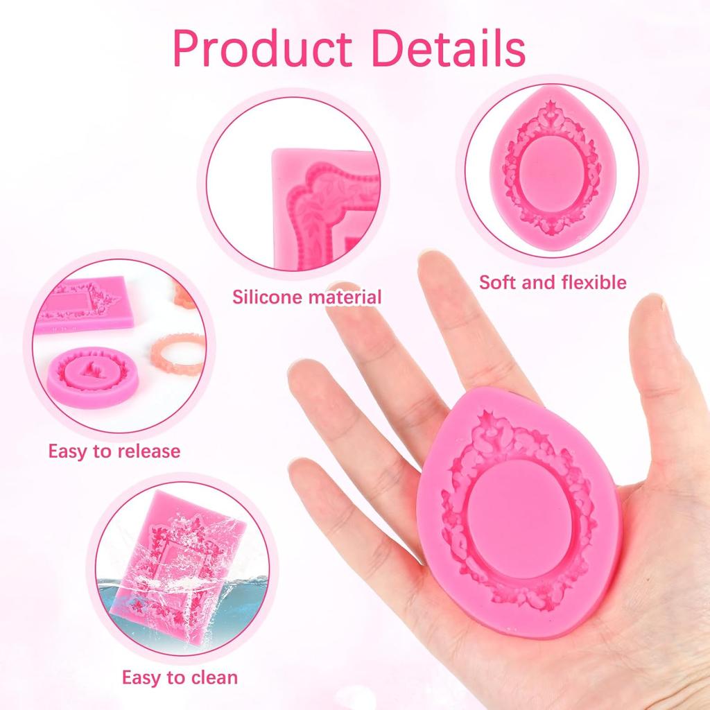 4pcs Photo Frame Silicone Molds, Pink Vintage Picture Frame Baroque Style Air Dry Clay Fondant Mold for Baking Chocolate Candy Desserts Polymer Clay