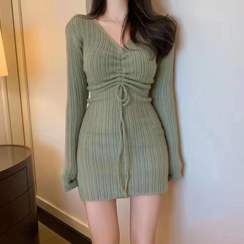 Модное трикотажное женское короткое платье с V-образным вырезом и кулиской в корейском стиле, с длинным рукавом, облегающее, для вечеринок, весна-осень, с облегающим бедра силуэтом, повседневная элегантная одежда