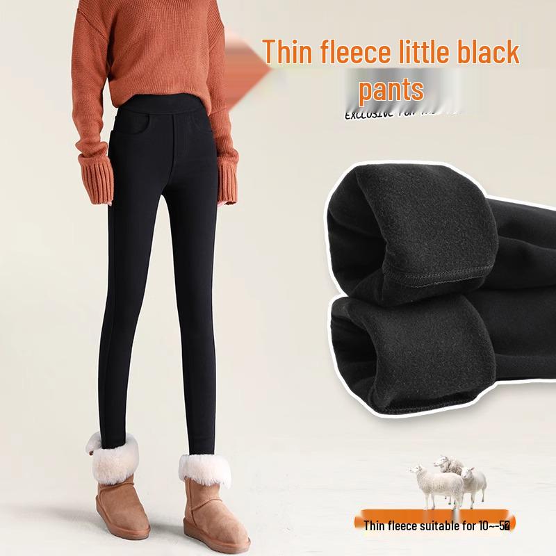 Женские зимние черные леггинсы на флисовой подкладке - Толстый хлопок из овечьей шерсти, Облегающий крой, Стиль осень/зима 2025