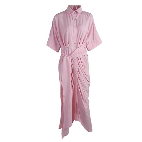 Женское летнее платье с отложным воротником на шнуровке, высокой талией и короткими рукавами, однобортное плиссированное платье макси длиной до щиколотки