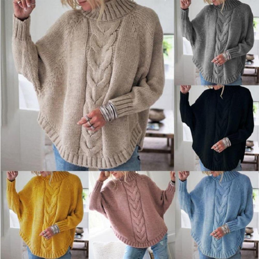 Women's Loose Bat Sleeve Fried Dough Twists Knit Pullover Sweater