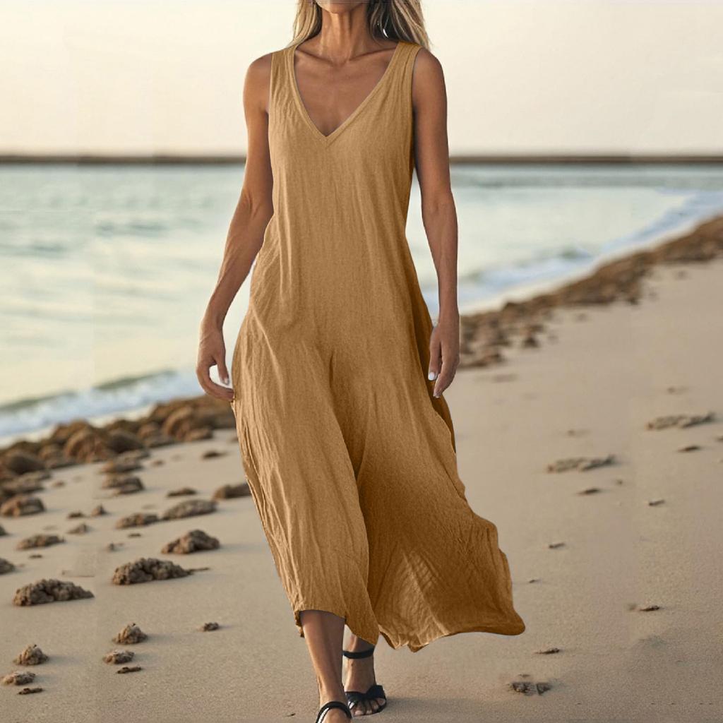 Women Casual Summer Solid Color Tank Sleeveless Dress Hollow Out Loose Beach Dress