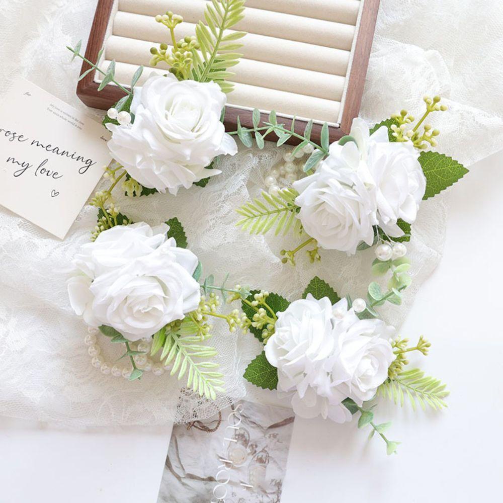 Light Yellow White Wrist Corsage Bracelet Silk Material Silk Rose Brooch Bridesmaid Gift