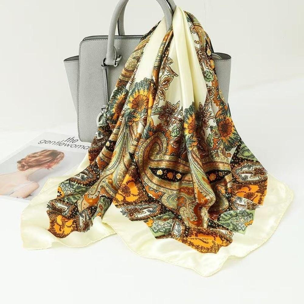 Floral Print Satin Scarf Hijab Soft Head Scarf Elegant Square Silk Scarf Women
