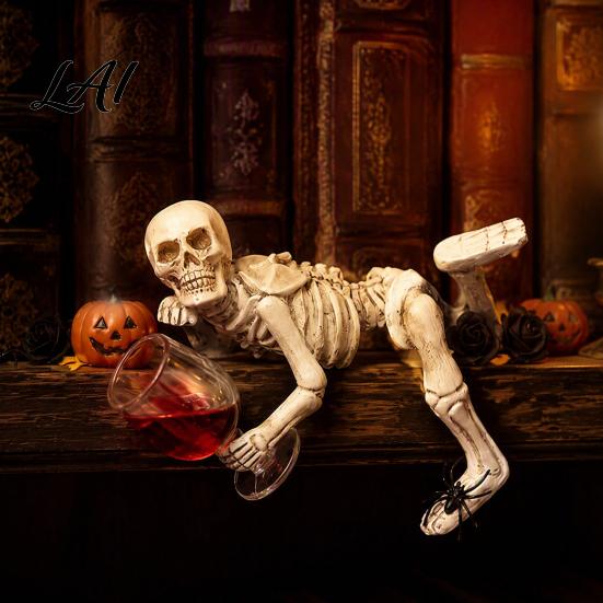 Halloween Skeleton Statue Gothic Resin Figurine Holding Glass Bottle Horror Decor Statue Desktop Decoration for Home Office Bookshelf Prop