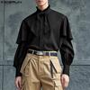 Men Ruffled Stand Neck Bandage Button Casual Layers Shirts Long Sleeve Tops