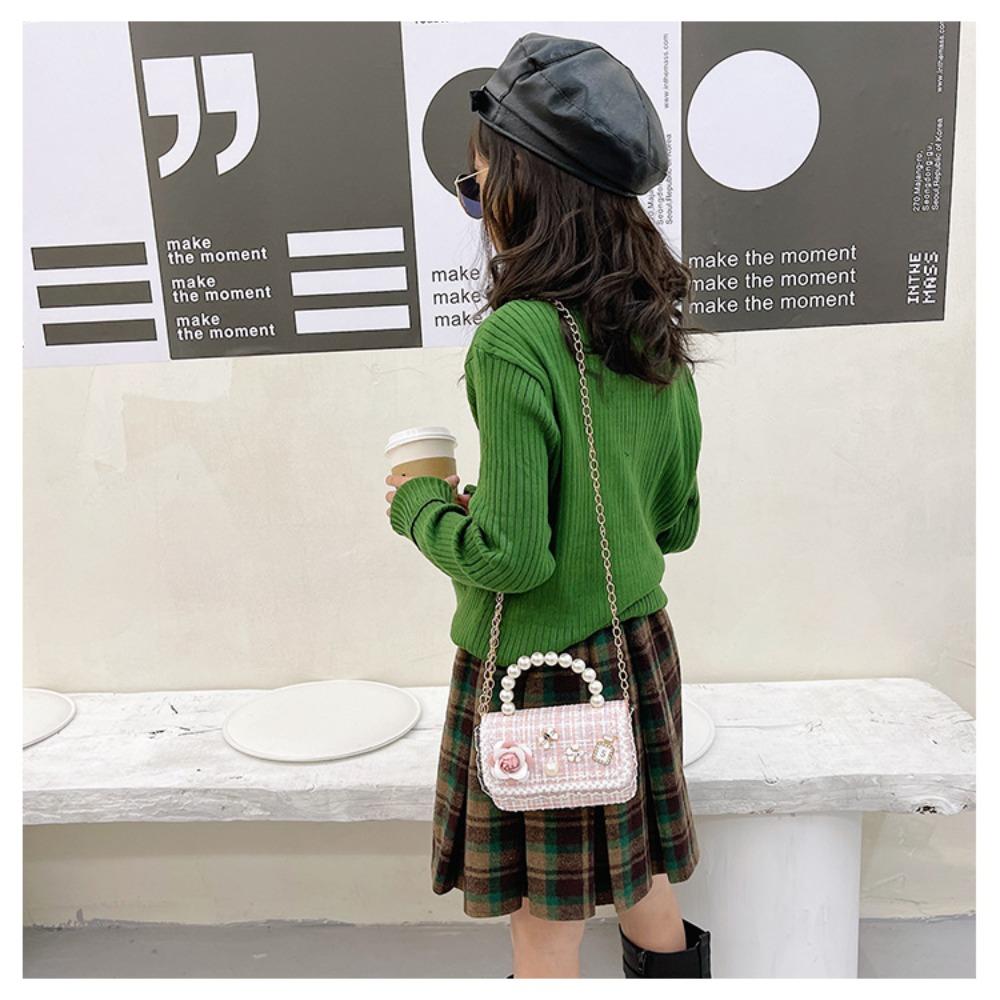 Flower Decoration Crossbody Bags Pearl Handle Shoulder Bag Fashion Kid's Handbag  Children
