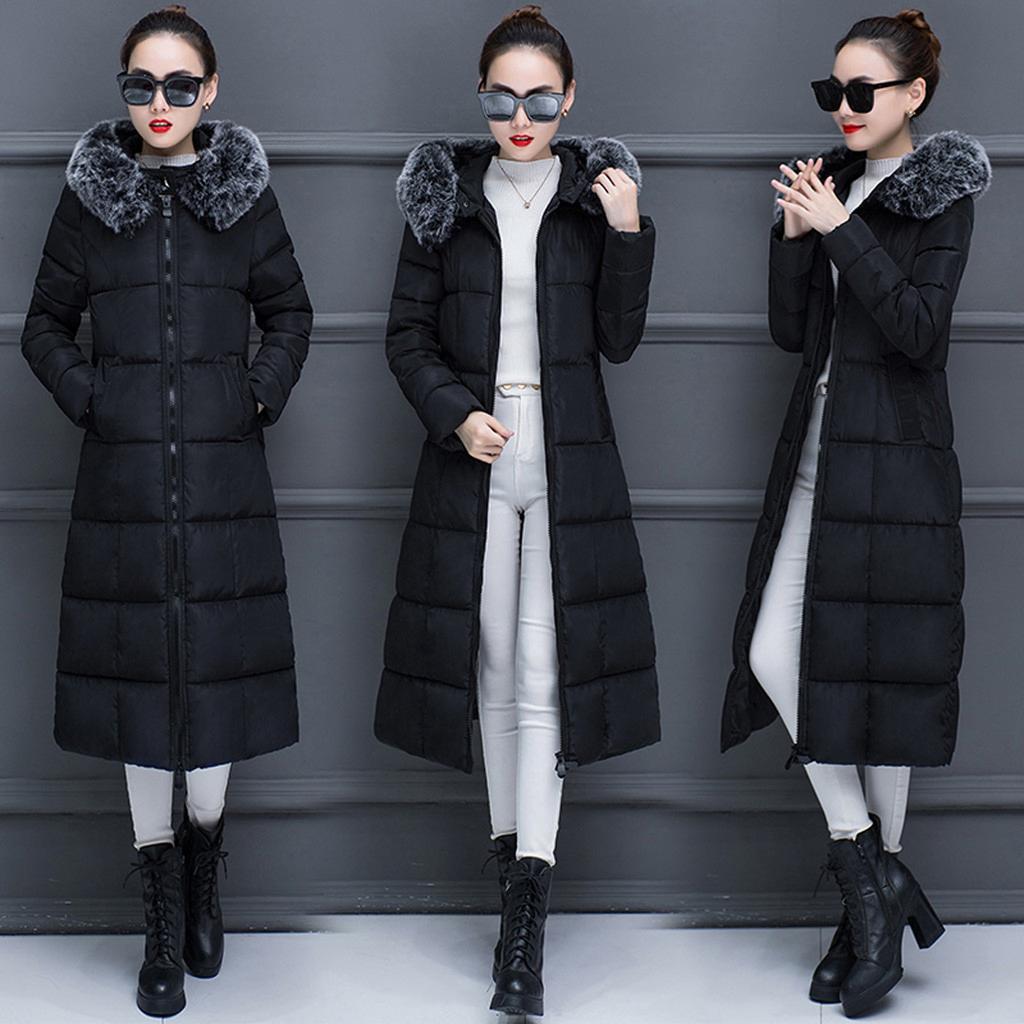 Women Warm Long Coat Faux Collar Hooded Jacket Hot Slim Winter Outwear Coats