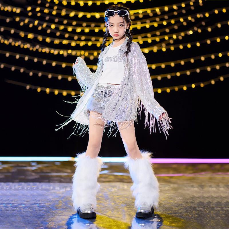 Girls Hip Hop Dance Costume Fringe Sequins Performance Outfit Kids Jazz Street Wear