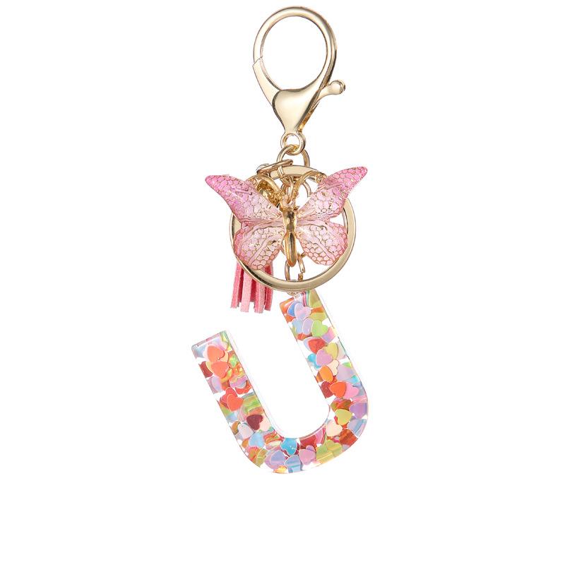 A-Z Dreamy Letters Keychain for Women Tassels Butterfly Pendant Initial Keyrings Purse Suspension Bags Car Key Chain Pink