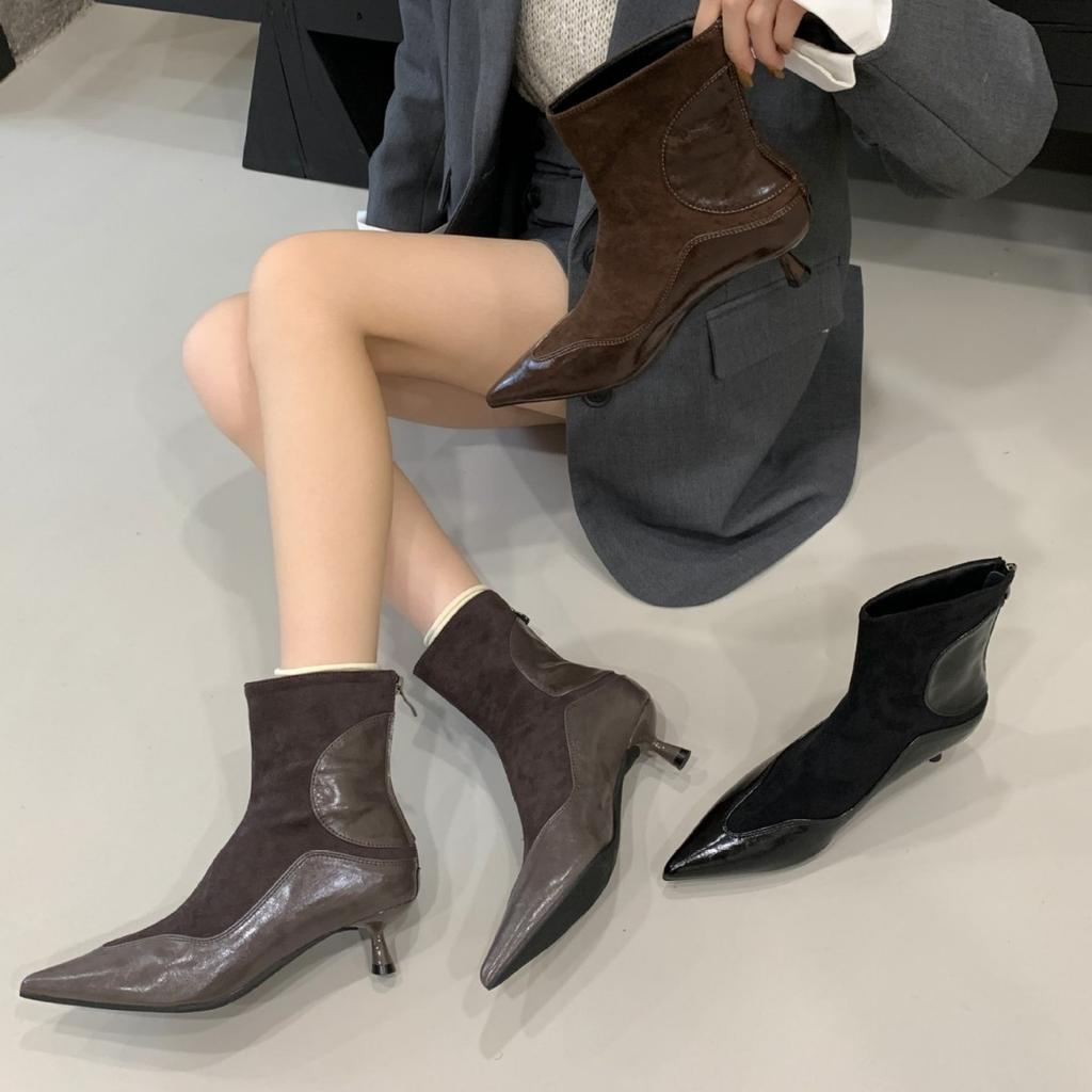 2025 New Pointed Stiletto Soft Leather Beanie Rear Zipper Suede Fashion Women's Short Boots