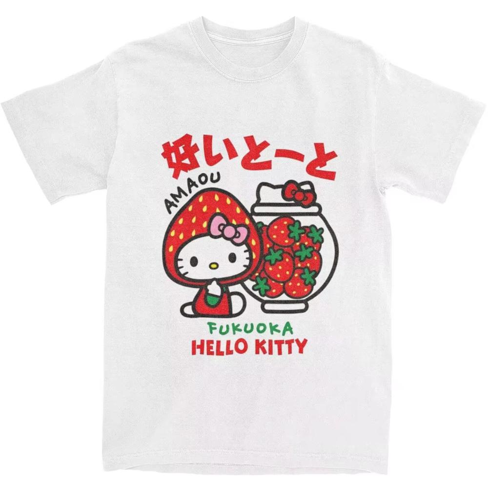2026 Summer Hello Kitty Fukuoka Strawberry Limited Theme 100 Cotton Printed Shortsleeved Tshirt for Boys and Girls