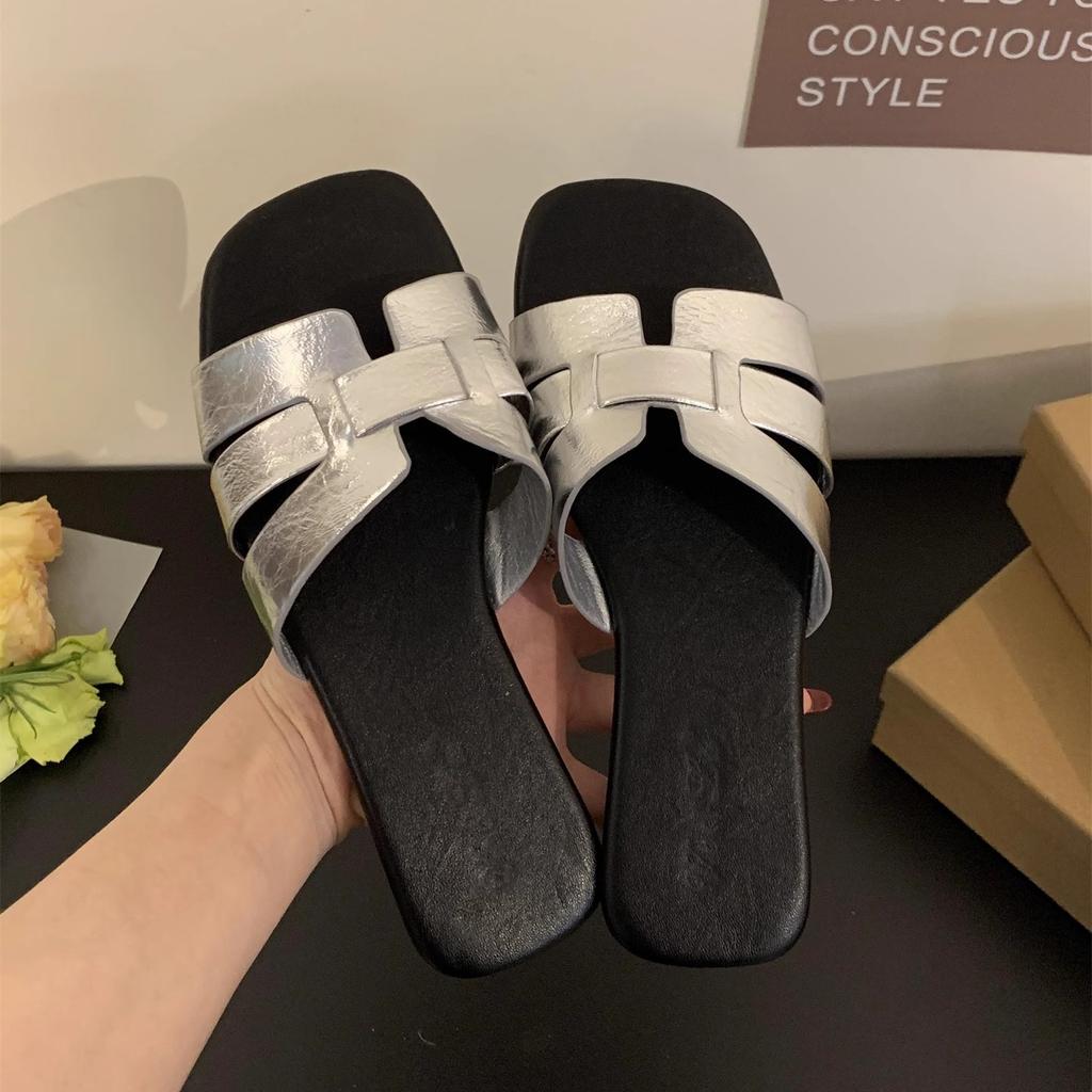H slippers women's outer wear summer new casual soft flat-bottomed French sandals one-word drag seaside vacation beach sandals