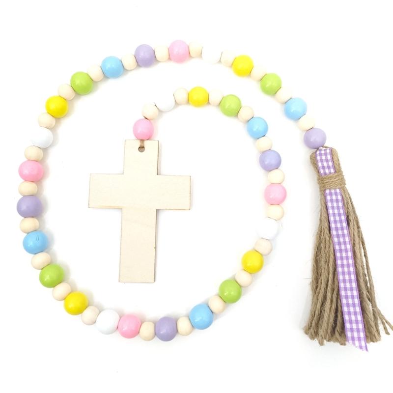 Easter Wooden Bead Cross Ornaments Bead Decoration Easter Hanging-Decor Ornaments Farmhouse Tiered Tray Prayer Bead