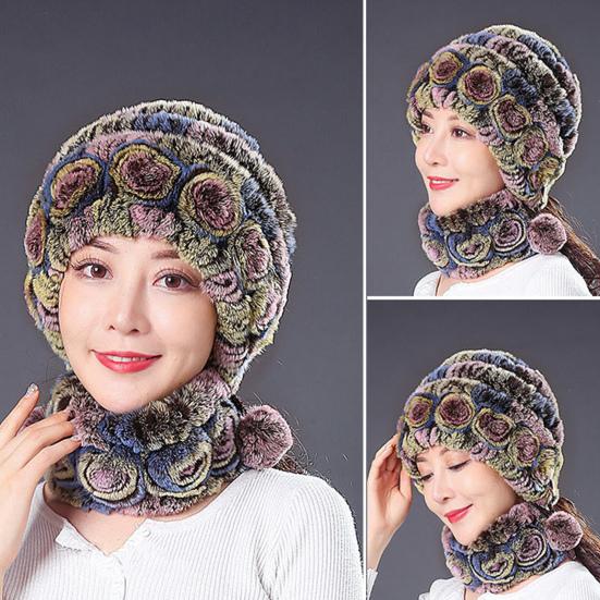 Women Winter Hat with Integrated Scarf Thick Warm Faux Rex Rabbit Fur Flower