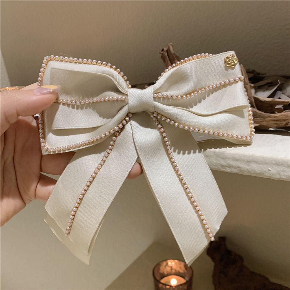 Gift Fashion Pearl Chain Women Side Clip Bow Hair Clip Spring Clip Hair Accessories