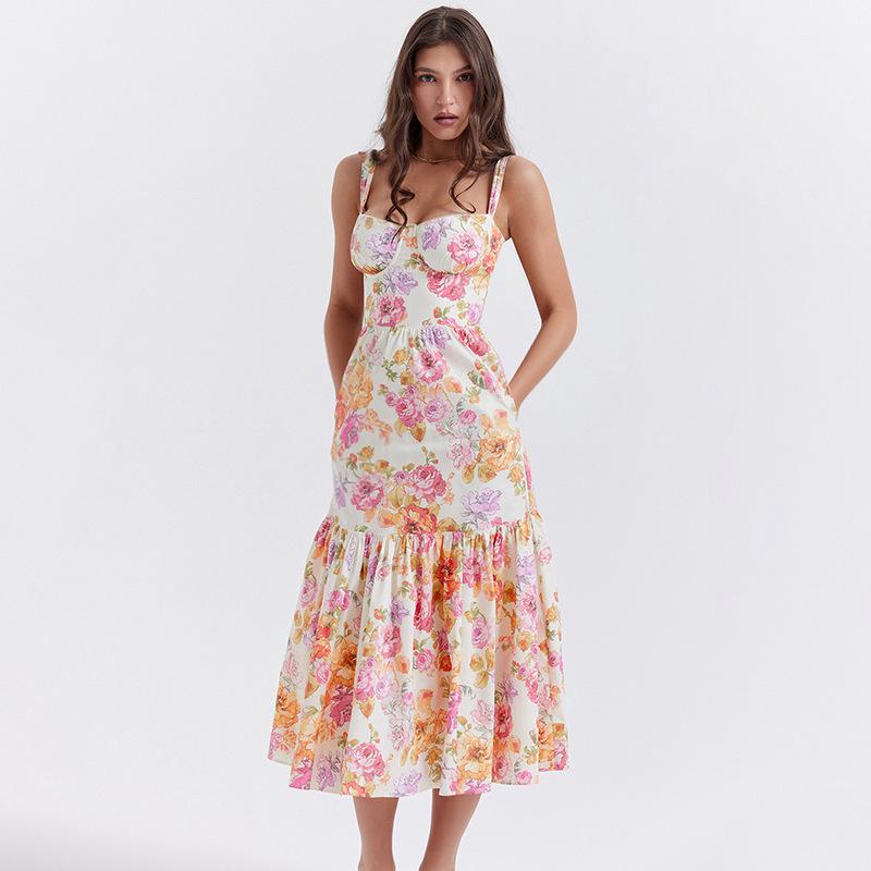 Платье-трапеция в пасторальном стиле с цветочным принтом 2023 года, подтяжками и короткими рукавами