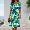 Women Plus Size Round Neck Short Sleeve Tropical Leaf Printed A Line Dress