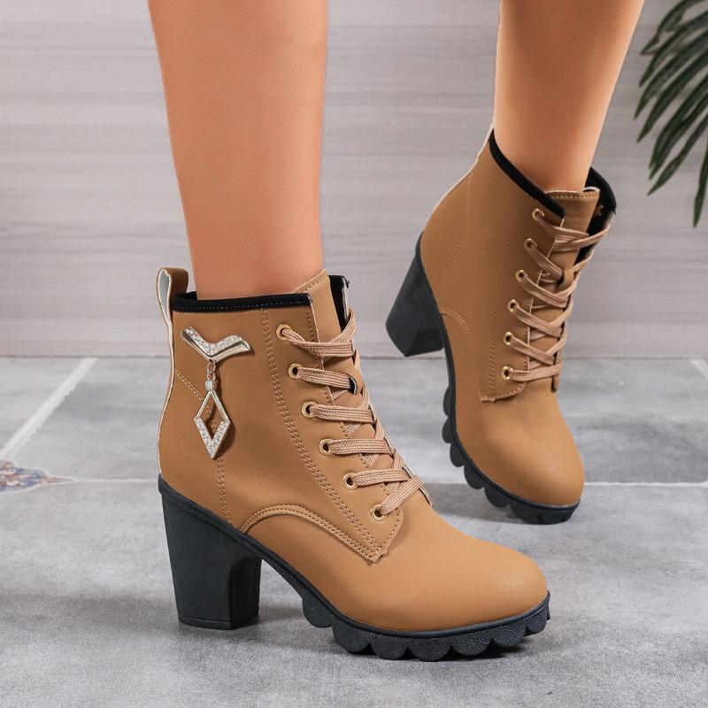 New Spring and Autumn High Quality Solid Color Round Toe Lace-up Thick Heel Metal Decorated High-heeled Women's Boots