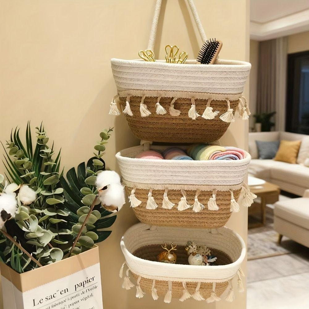 Handwoven Woven Hanging Organizer 3-Tier Wall Mount Storage Bag Cute Wall Hanging Pouch Entryway