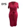 Women Dress V Neck Plus Size Short Sleeve Belted Tight Waist Solid Color Sheath Slim Fit Mid Calf Length Soft Evening Dress Formal Midi Dress
