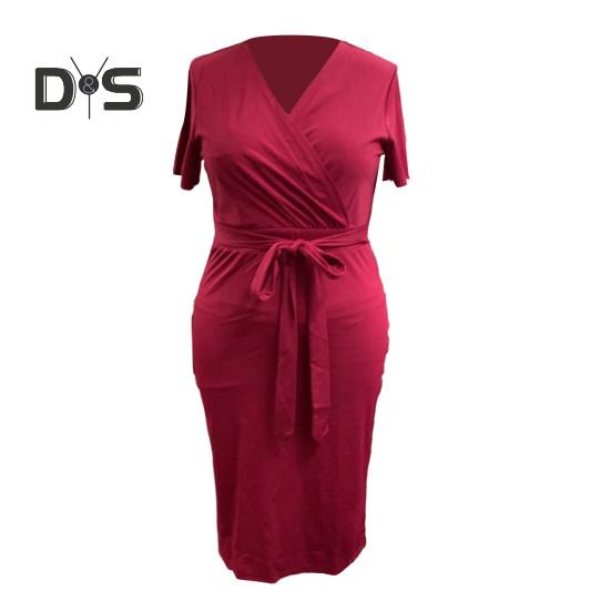 Women Dress V Neck Plus Size Short Sleeve Belted Tight Waist Solid Color Sheath Slim Fit Mid Calf Length Soft Evening Dress Formal Midi Dress
