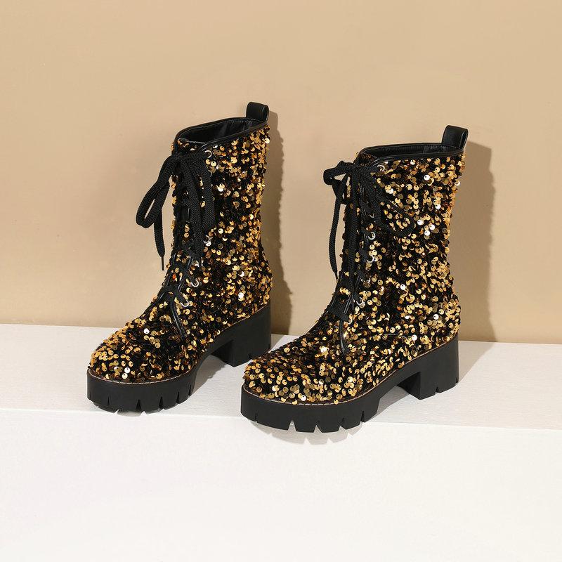 Sequins Glitter Party Goth Shoes For Women Shiny Lace-up Platform Chunky Heels Ankle Boots Wedding Shoes