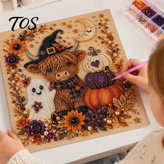 Halloween Wall Decor Kits Faux Pearl Art DIY Kit, Spooky Cute 3D Beads Painting Crafts, Autumn Atmosphere Gothic Ghost Pumpkin Cat Crow for