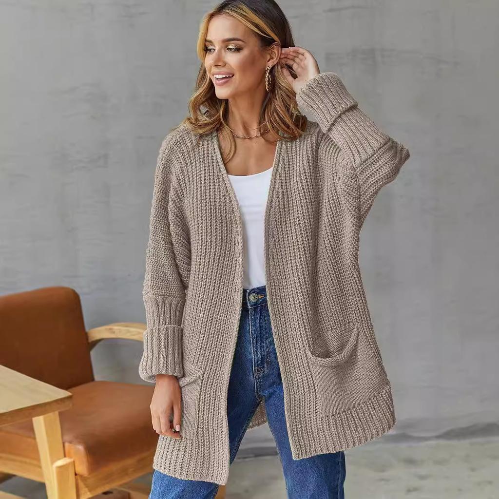 IHUASU Women's Large Size Casual Pocket Knitted Cardigan Sweater Commuter Style Loose Mid-Length Jacket