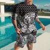Trendy Men's Summer Suit Casual Ethnic Style 3D Printed Sportswear Short-sleeved Suit Oversized Round Neck T-shirt 2-piece