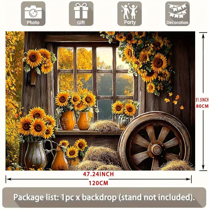 2D Printed Backdrop with Wooden Window, Sunflowers, Hay Bales and Wagon Wheel
