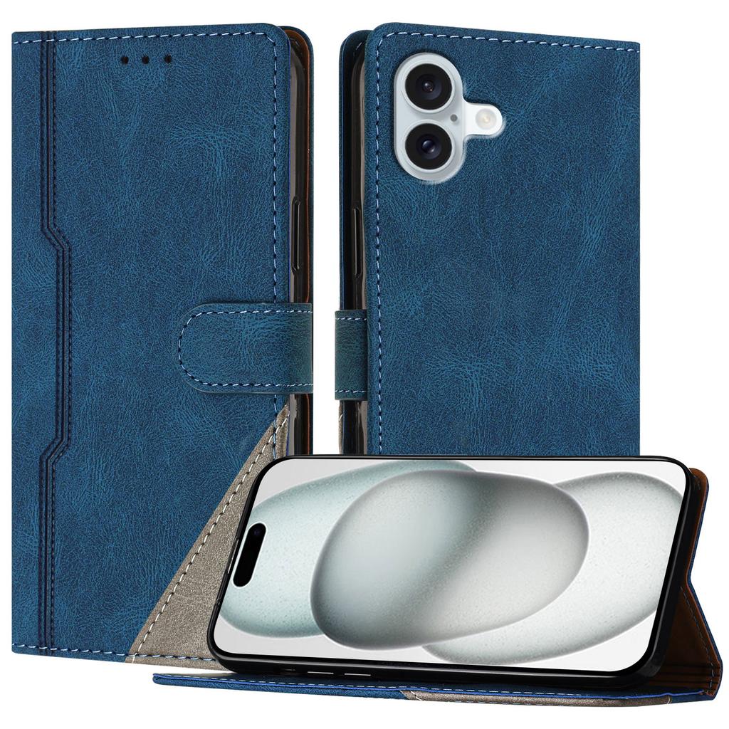 For iPhone 16 Plus Leather Case Triangle Patchwork Wallet Stand Shockproof Phone Cover