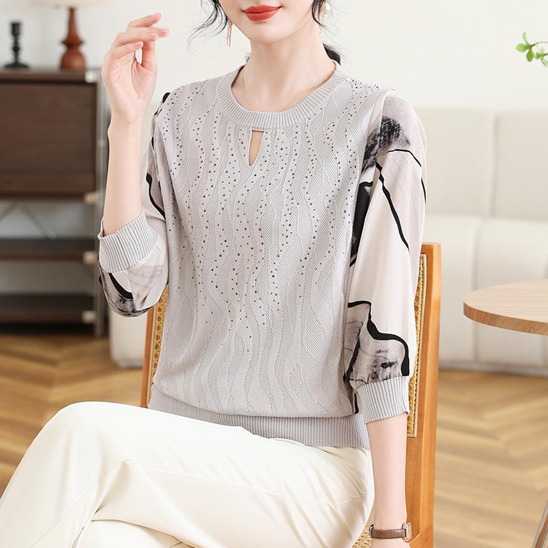 Вязаный осенний топ для мамы 2025 - Модная легкая футболка для женщин среднего возраста