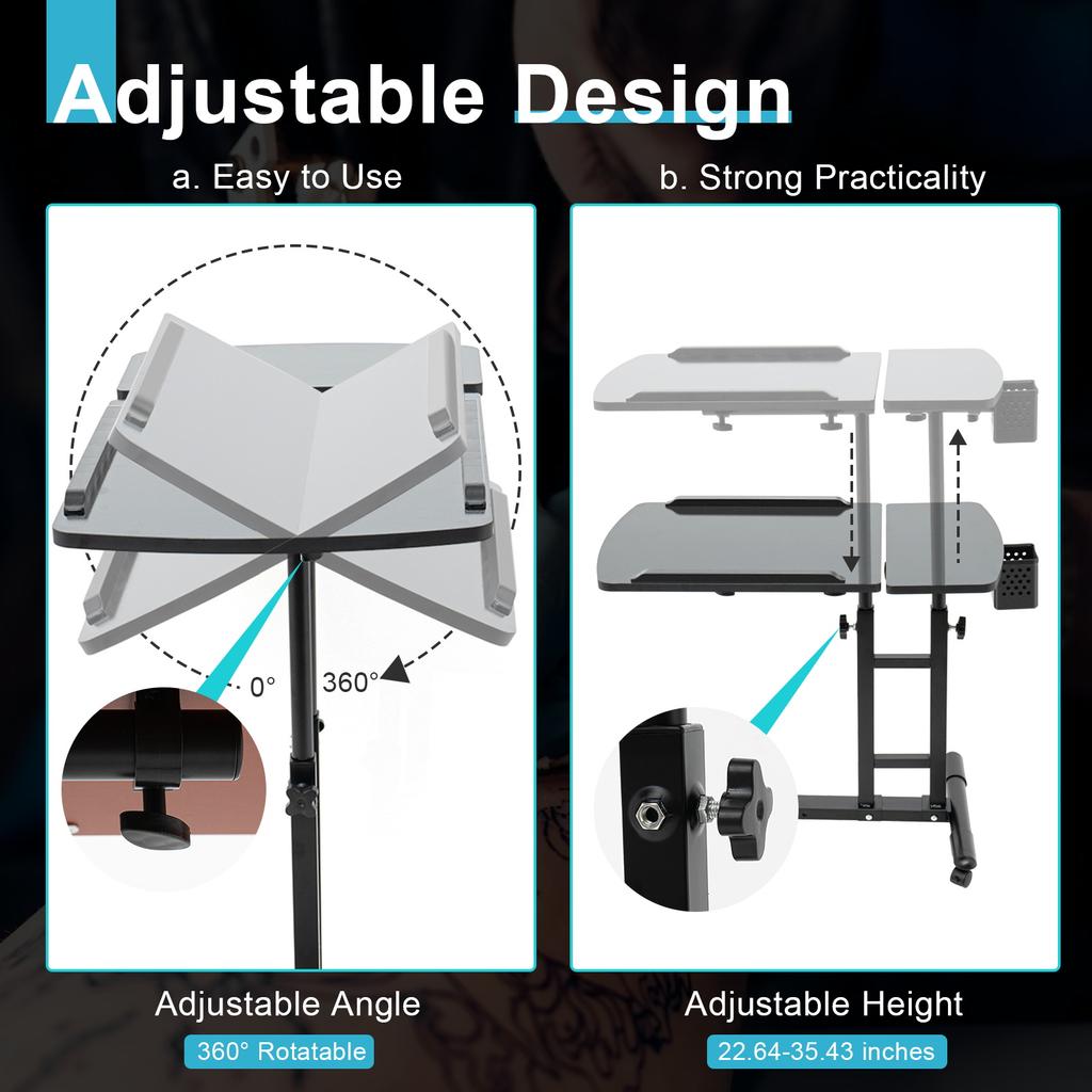 Adjustable Tattoo Desk with Wheels, Heavy-Duty Mobile Workbench Station for Tattoo Artist, Home Studio & Beauty Salon