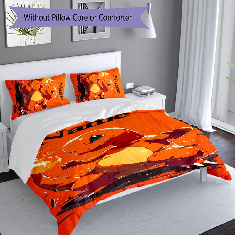 3pcs Custom Name Pokémon Charmander Bedding Set,Includes 1 Duvet Cover and 2 Pillowcases,All-season Bedroom Decor