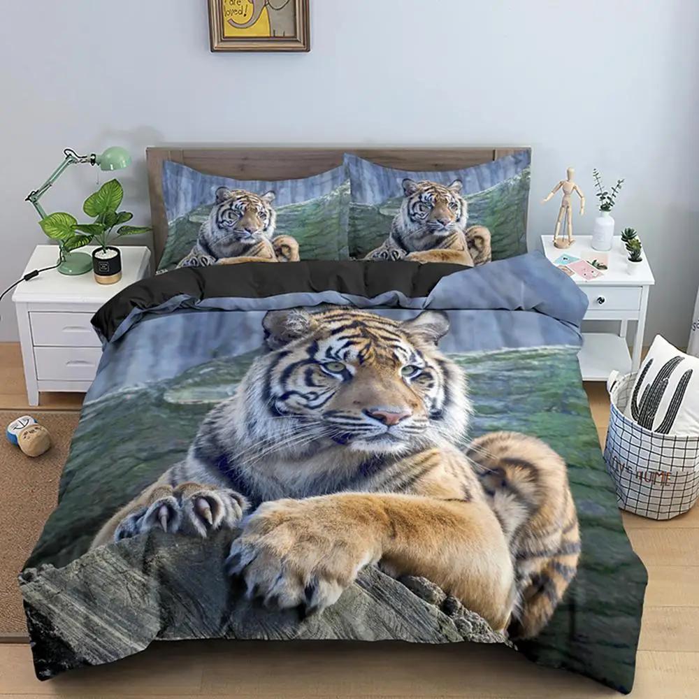 Пододеяльник с тигром King Size Wild Theme Комплект постельного белья Animal Pattern Пододеяльник Animal Theme Sunset Polyester Quilt Cover