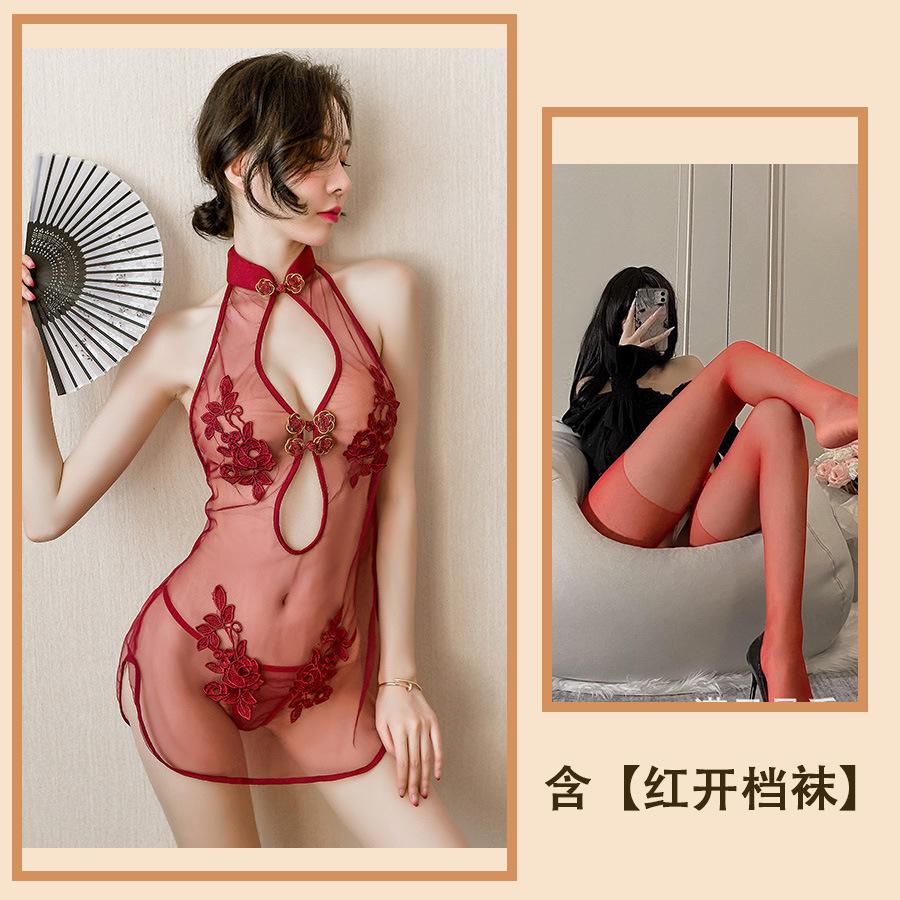 Sex lingerie sexy cheongsam women's transparent lace nightdress blood drops tease passion seduction suit