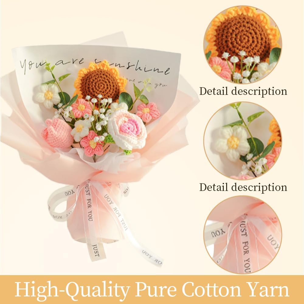Crochet Flowers Bouquet Sunflower Rose : Handmade Knitted Bouquet for Mother's Day Birthday Home Decor Girlfriend (Pink)