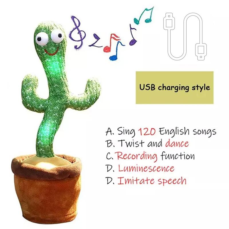 Rechargeable Dancer Cactus Glowing Dancing Electronic Plush Toys Can Sing Record Lighten for Baby Toy Education Funny Gift
