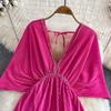 Высококачественное сексуальное темпераментное свободное плиссированное платье с v-образным вырезом и открытой спиной на талии и рукавами «летучая мышь»