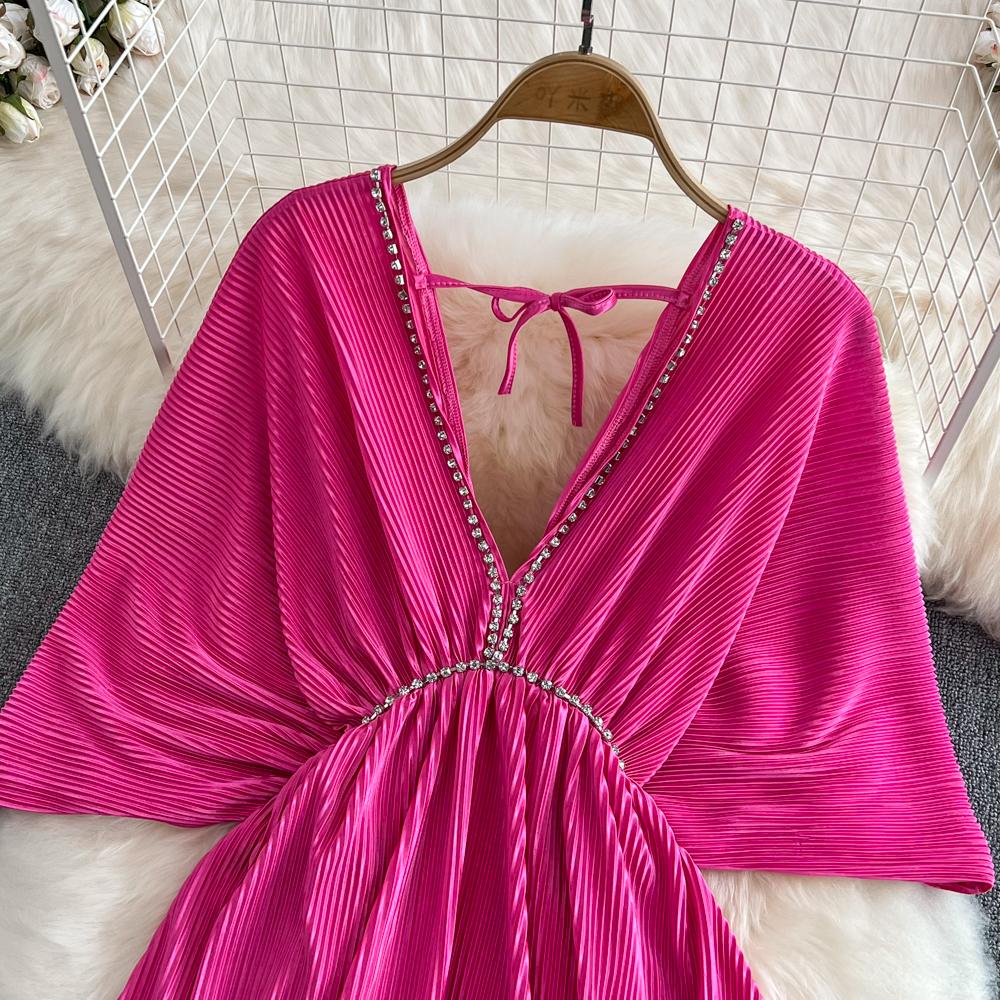 Высококачественное сексуальное темпераментное свободное плиссированное платье с v-образным вырезом и открытой спиной на талии и рукавами «летучая мышь»